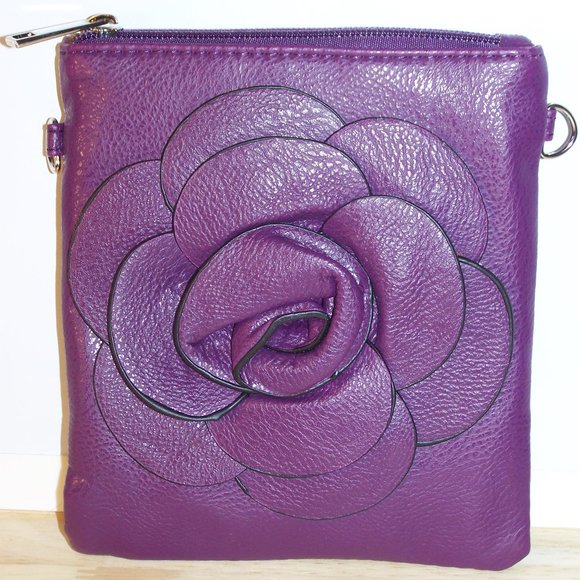 Handbags - Leather Rose Cross-Body Purse - Purple